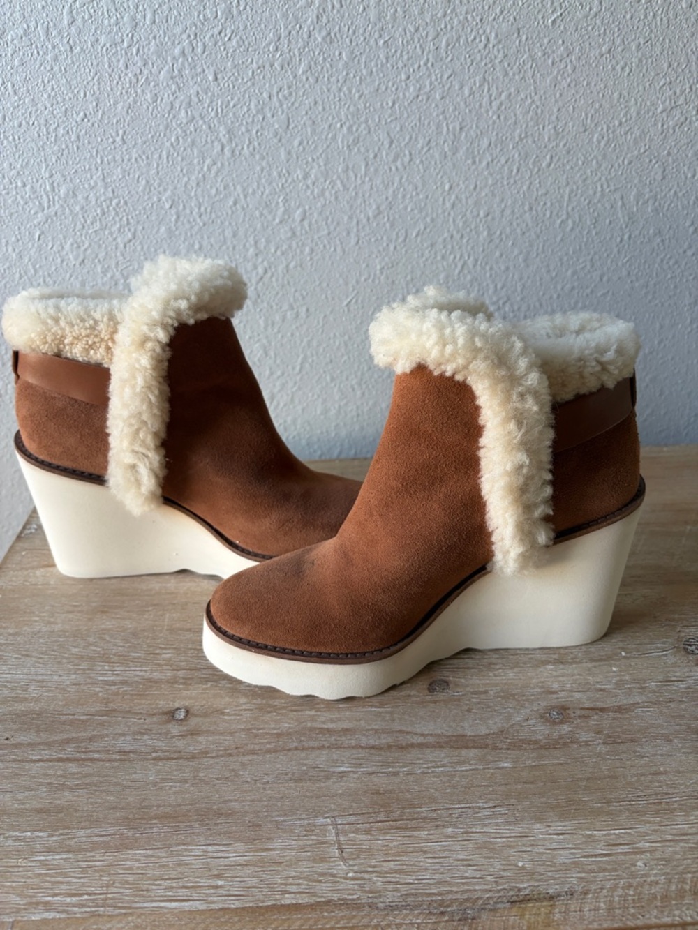 COACH Kingston Tan Suede Wedge Boot with Shearling Trim - Picture 6 of 13